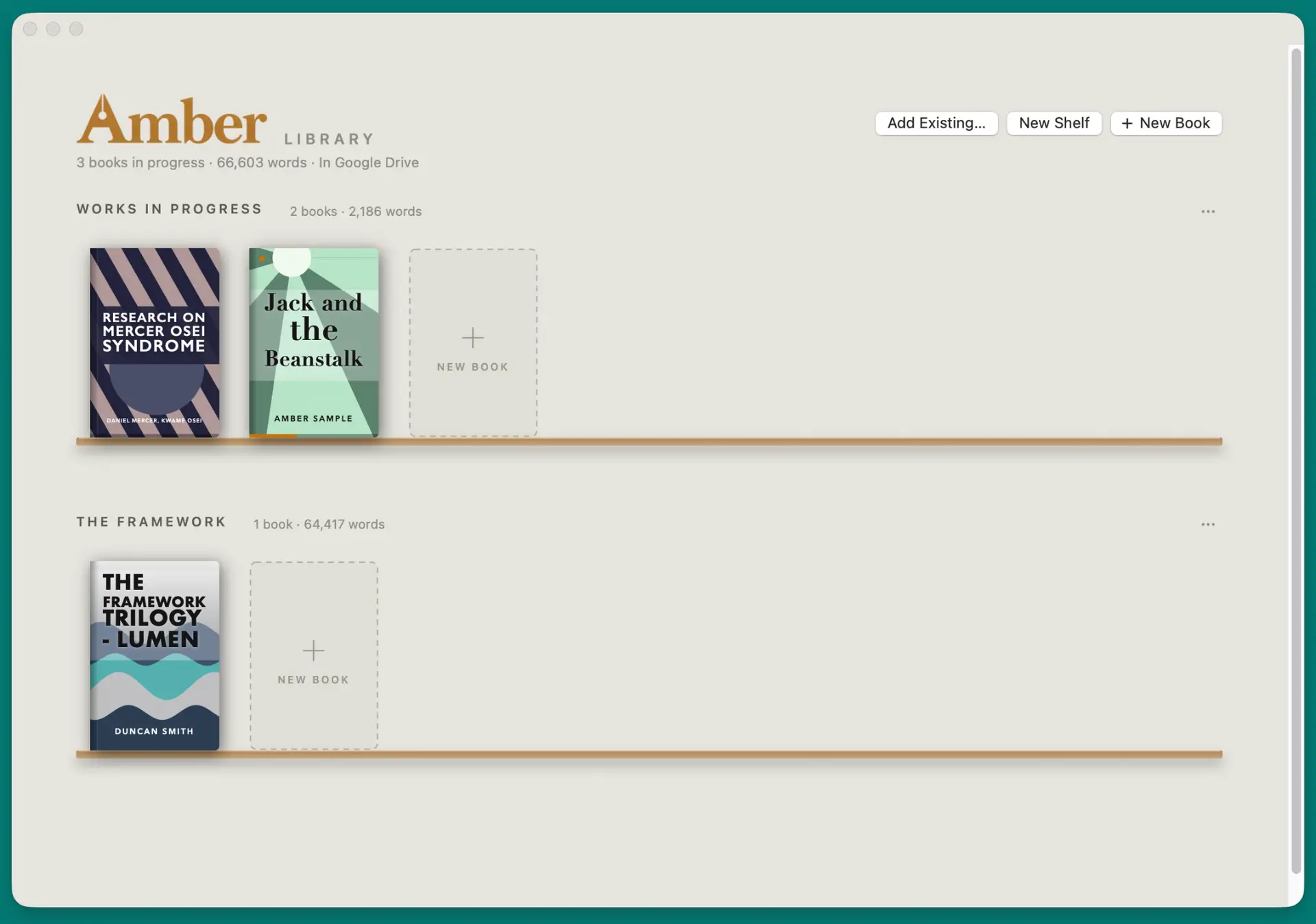 Amber for macOS Bookshelf interface