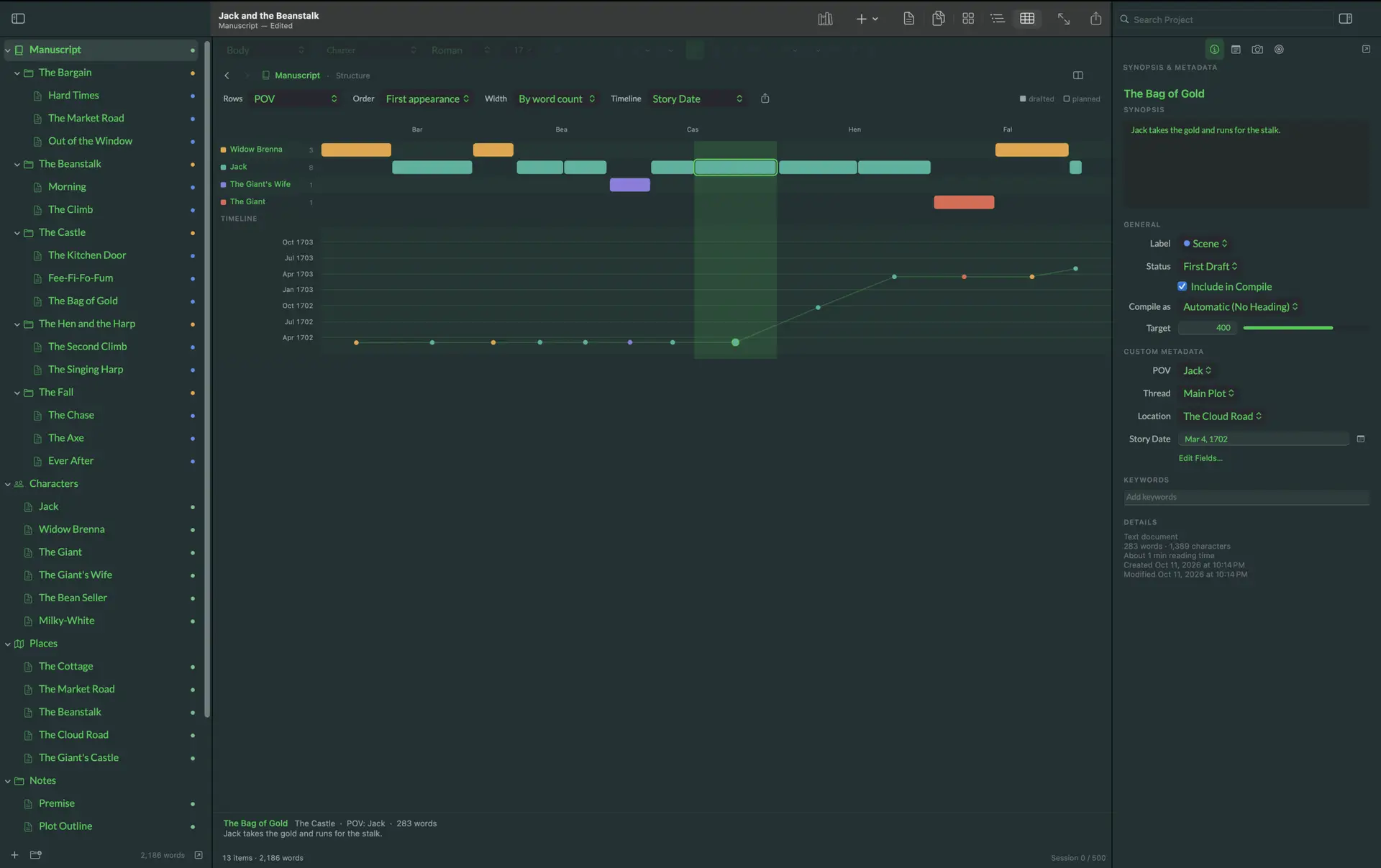 Amber for macOS Structure view in dark appearance, showing scenes by POV with a story-date timeline